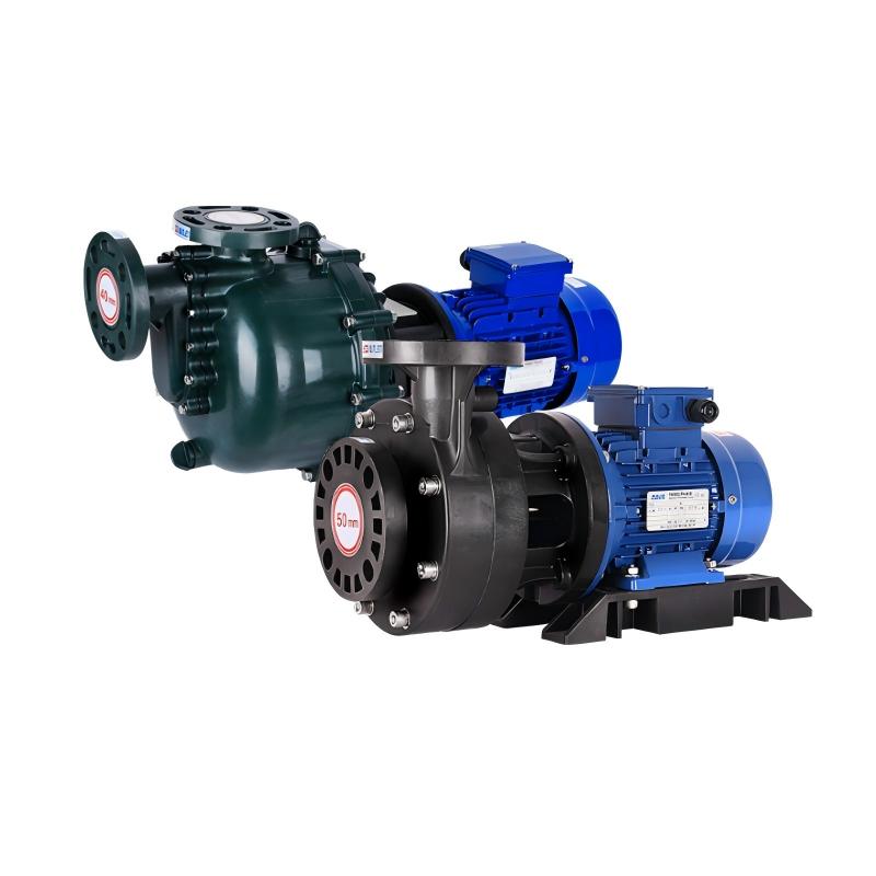 Plastic centrifugal pump used in corrosive liquid service where suction-side valve selection affects priming